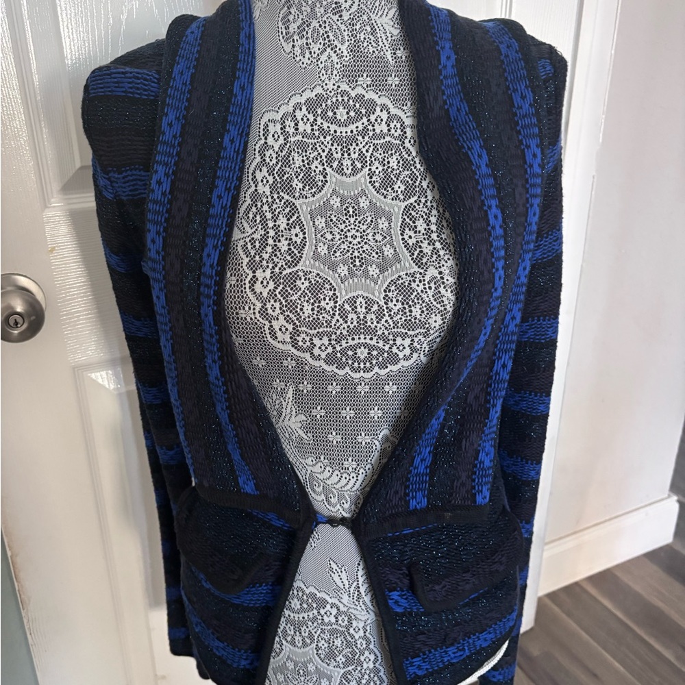 CACHE Retro Vintage Black Blue Striped Cardigan Sweater SZ S - LIKE NEW